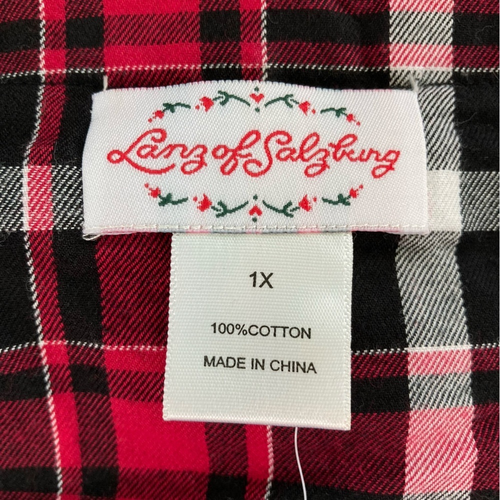 Lanz of Salzburg 100% Cotton Nightgown Dress Red Black Plaid Black Trim Size 1X - Picture 11 of 14
